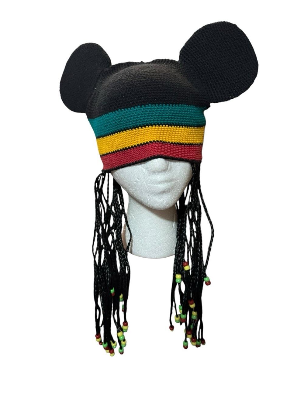 Disney World Mickey Mouse Ears Jamaican Rasta Braids Beads Beanie Hat One Size
